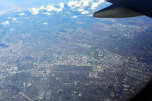 Aerial view looking east toward Santa Ana and Irvine, California